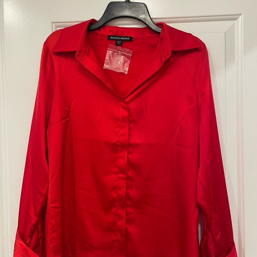Boston Proper Women's Vibrant Red Button Down Shirt